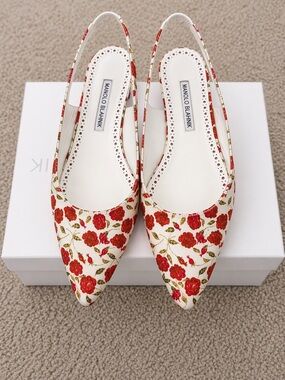 Manolo Blahnik White Slingback Flats with Red Floral Embroidery